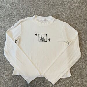 Earthy Cream Ribbed Long Sleeve Mock Neck Jiji Cat Linocut print Womens size M*